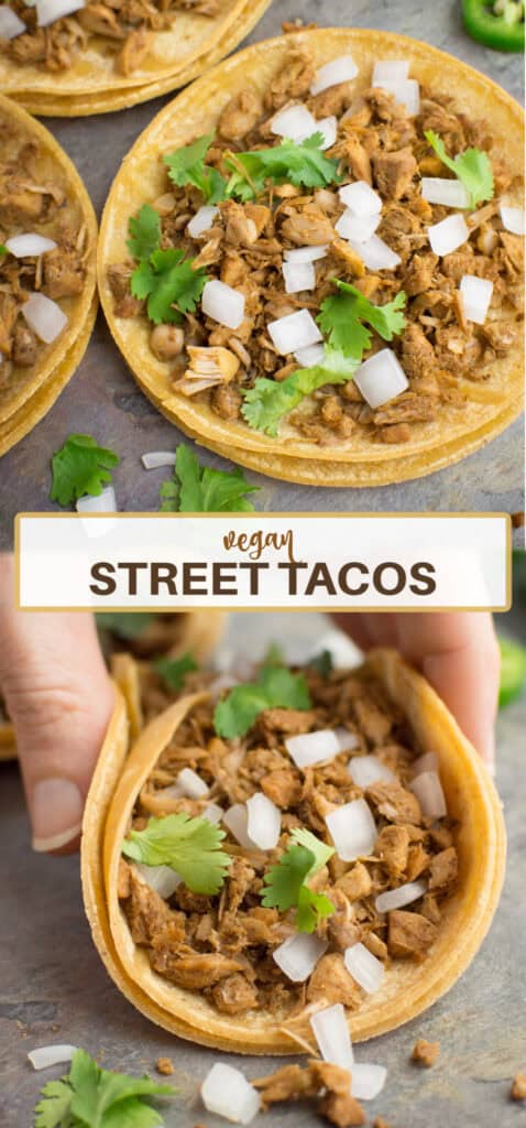 A small corn tortilla filled with shredded and seasoned jackfruit, diced onion, and fresh cilantro.