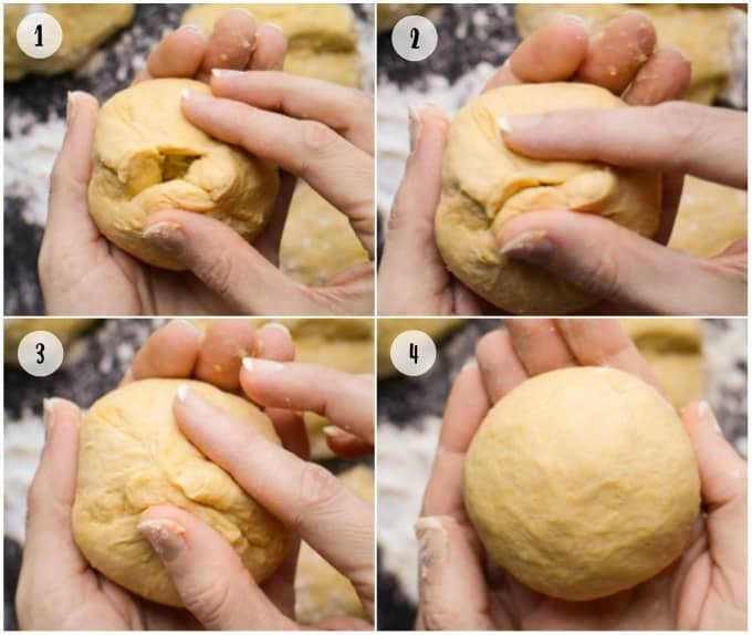 Collage of steps to shape the dough into dinner rolls.