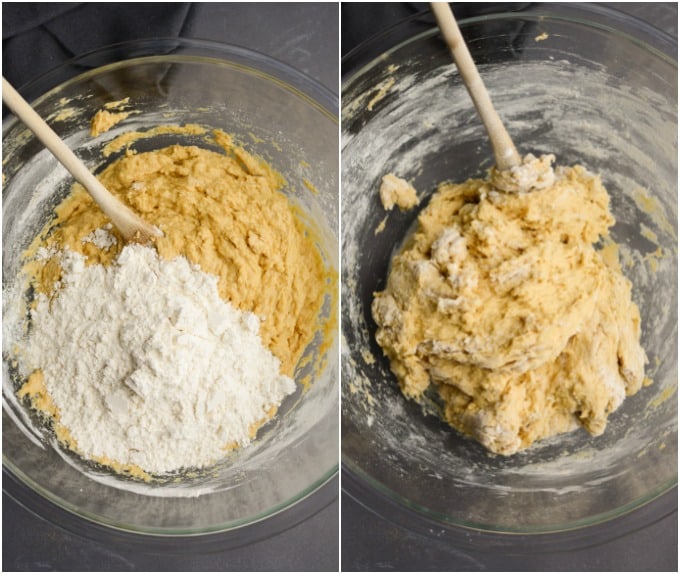 Mixing dough in a glass bowl.
