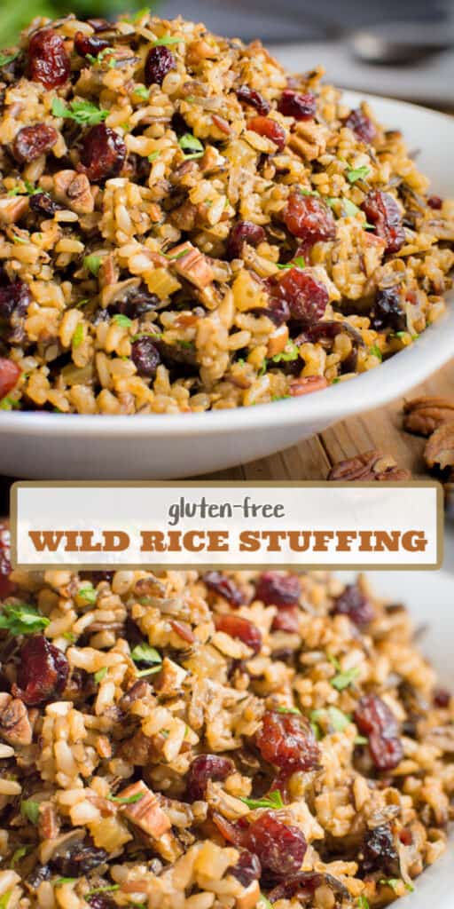 Collage of gluten free wild rice stuffing filled with dried cranberries, sautéed veggies and toasted pecans.