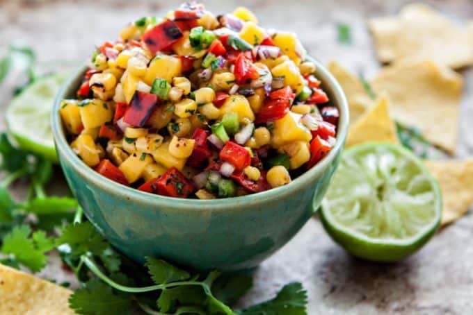 21 vegan party food favorites - mango salsa with grilled corn
