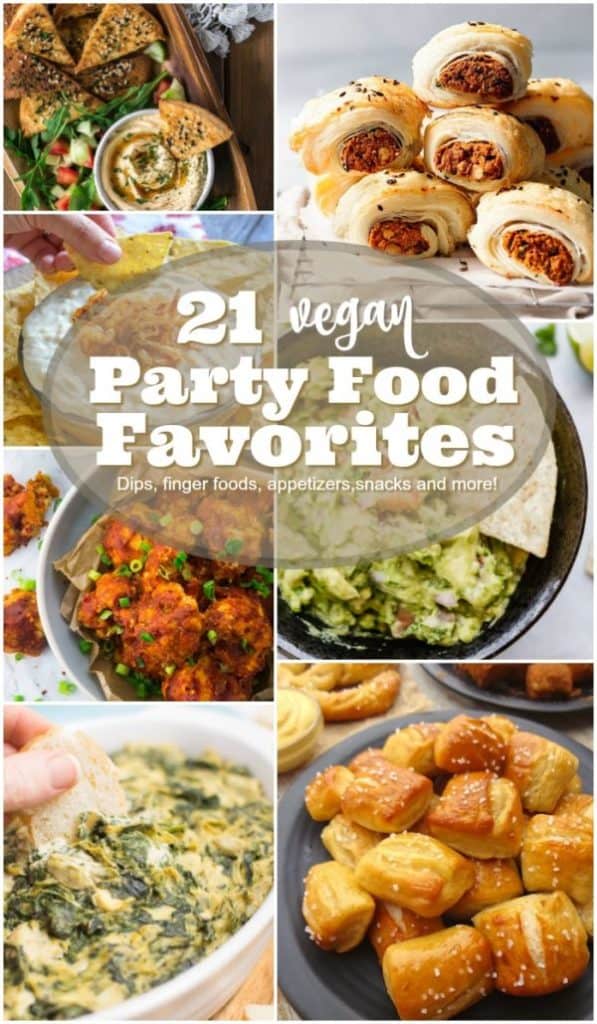A collage of 21 Vegan party food favorites.