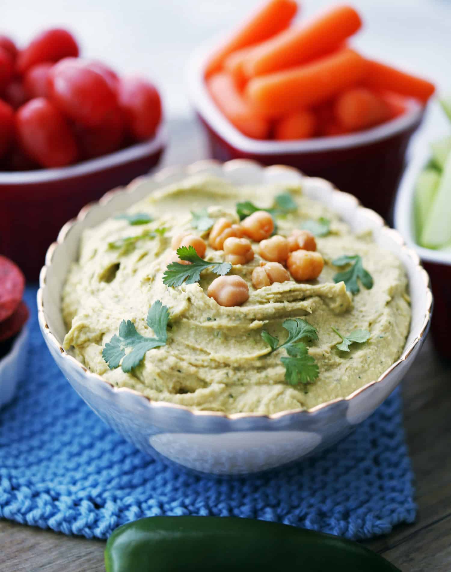21 vegan party food favorites - roasted jalapeño cilantro hummus