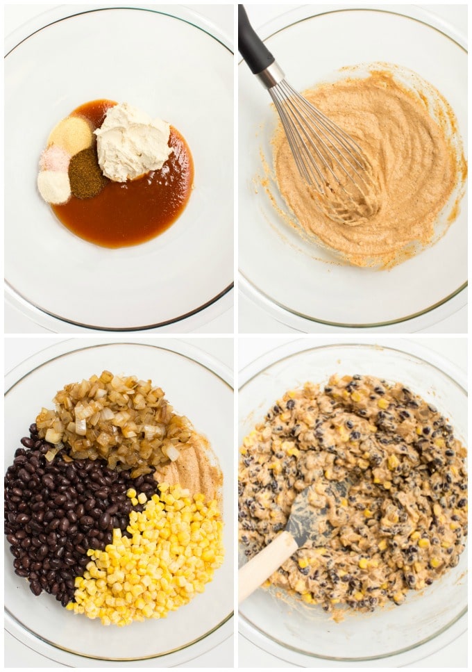 Collage of steps for mixing the enchilada cashew cream cheese sauce and black bean filling.