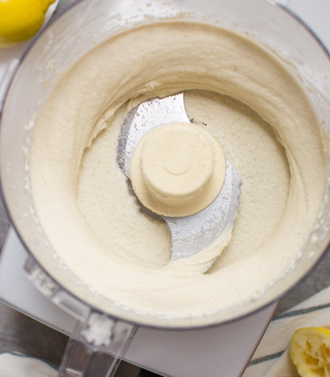 Cashew cream cheese in a food processor after blending.