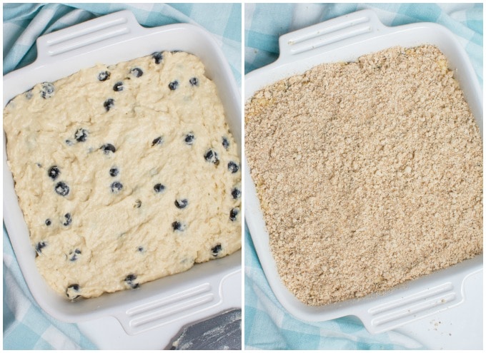 Vegan blueberry breakfast cake collage of steps adding the batter to a baking dish and covering with crumb topping.