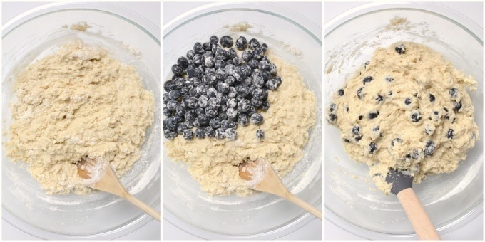 Vegan blueberry breakfast cake collage of steps for mixing the batter and folding in blueberries.