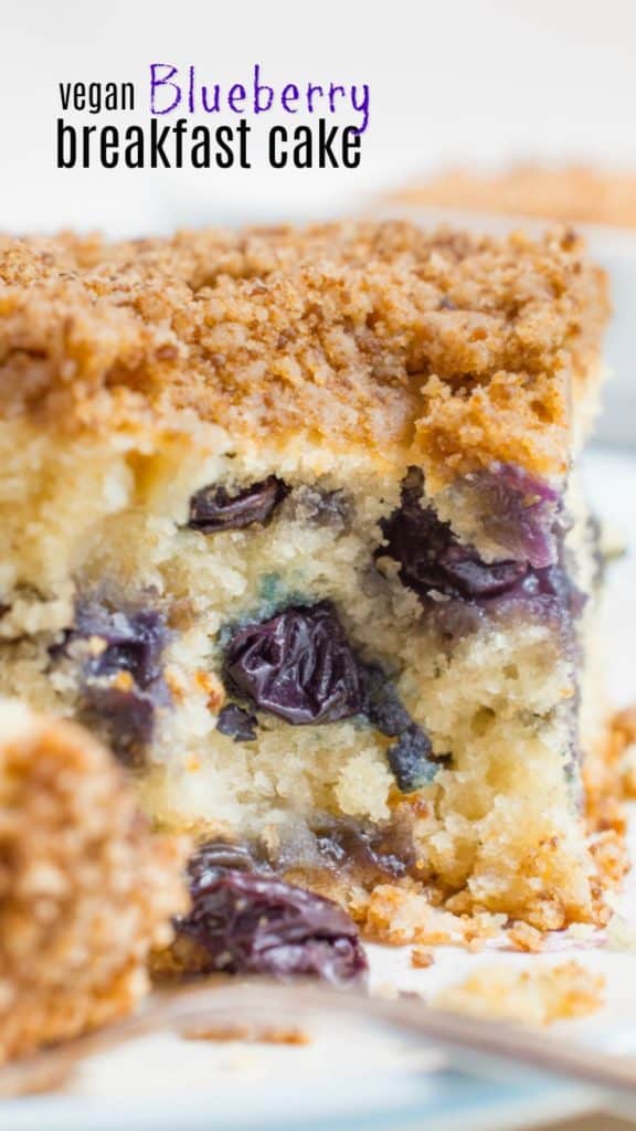 Vegan blueberry breakfast cake topped with crumb topping and a bite removed.