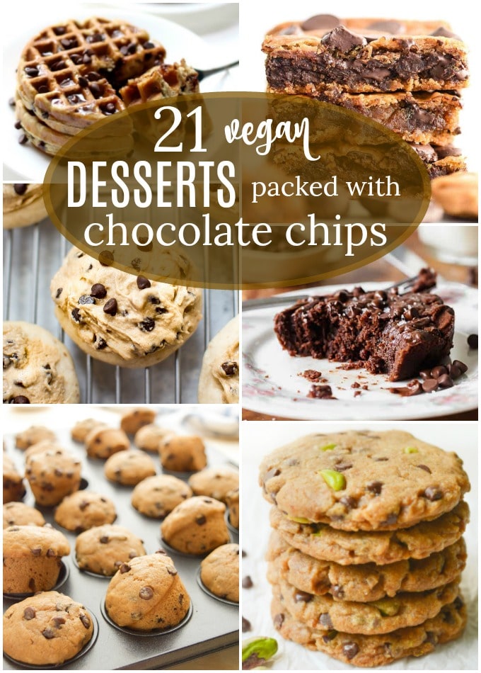 vegan chocolate chip desserts collage of cookies, brownies, muffins and waffles.
