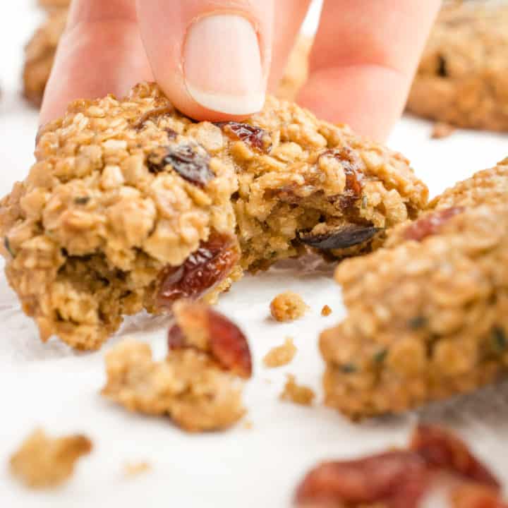 Oatmeal cranberry breakfast cookie broken in half.