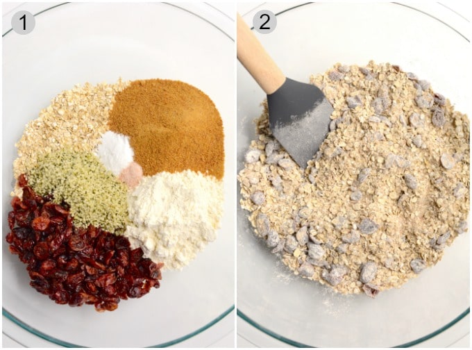 Breakfast cookies process of mixing dry ingredients in a bowl.