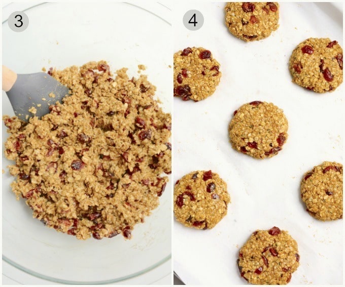 Vegan breakfast cookies process of dough mixed and formed on the baking sheet.