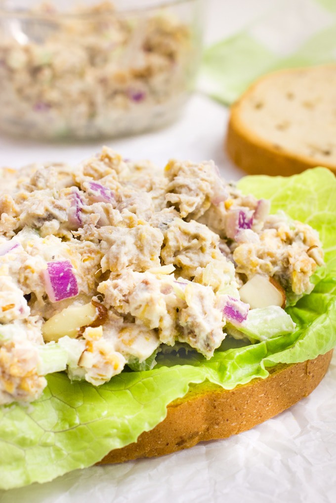 Open faced vegan sandwich topped with a chickpea, jackfruit, vegan mayo mixture..