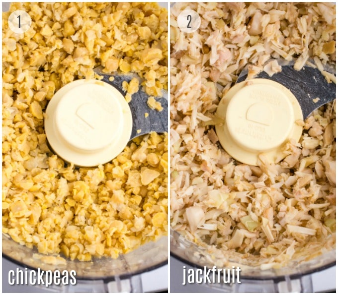 Collage of steps: chickpeas and jackfruit in a food processor after blending.