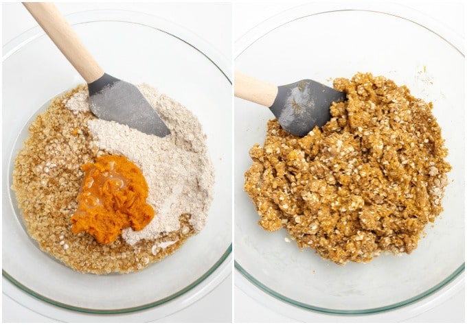 Adding the liquid ingredients to the bowl of dry to make vegan pumpkin cookies.