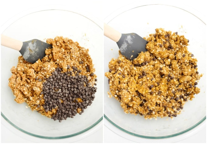 Process of mixing chocolate chips into pumpkin oatmeal cookie dough. 