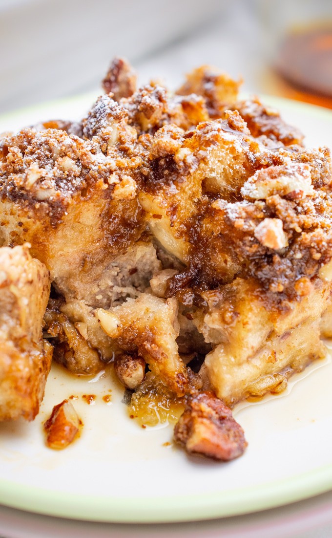 Vegan french toast casserole on a white plate.