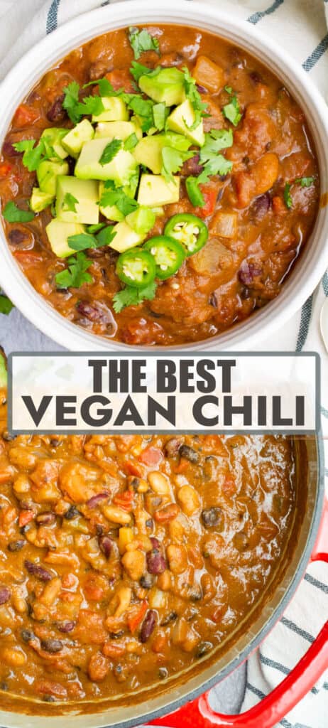 Two image collage of vegan chili in a bowl topped with diced avocado, jalapeno slices, and fresh cilantro and also in a dutch oven after cooking.