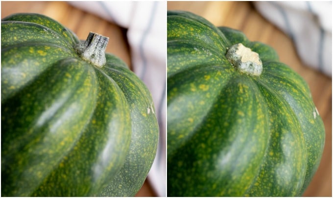 Steps on how to trim the stem of an acorn squash.