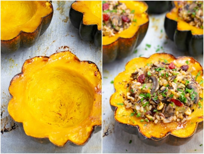 Steps showing roasted acorn squash being stuffed with wild rice.