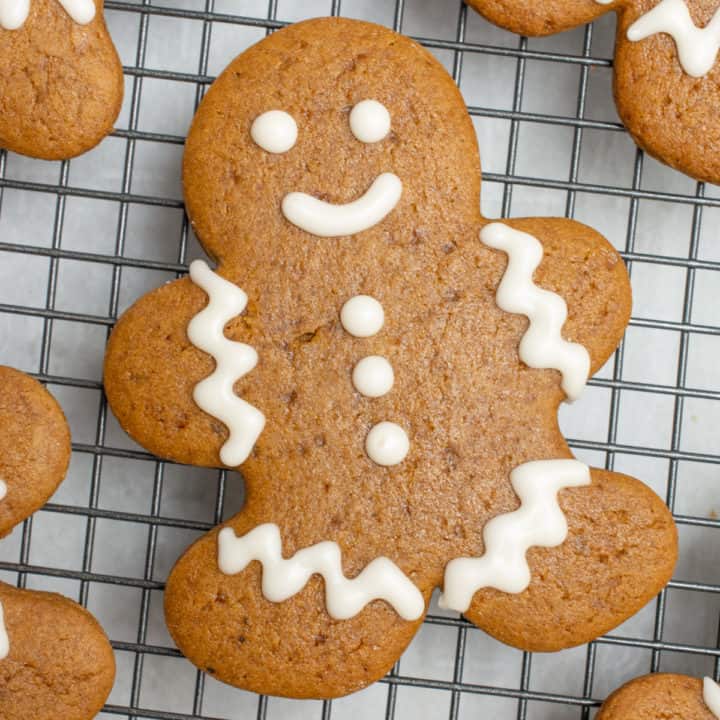 Vegan gingerbread man decorated with icing.