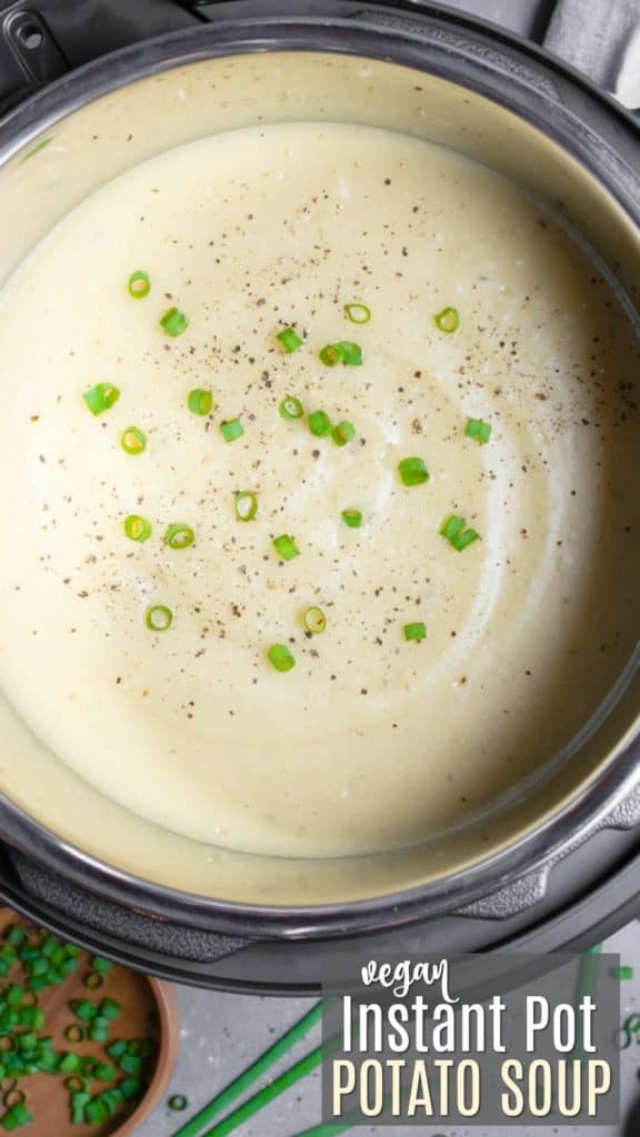 Instant Pot potato soup with text for Pinterest.
