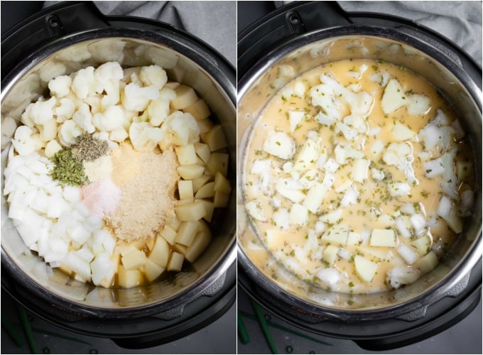 Steps for adding soup ingredients into the Instant Pot.