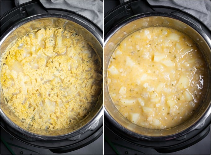 Steps to mixing Instant Pot potato soup after cooking.