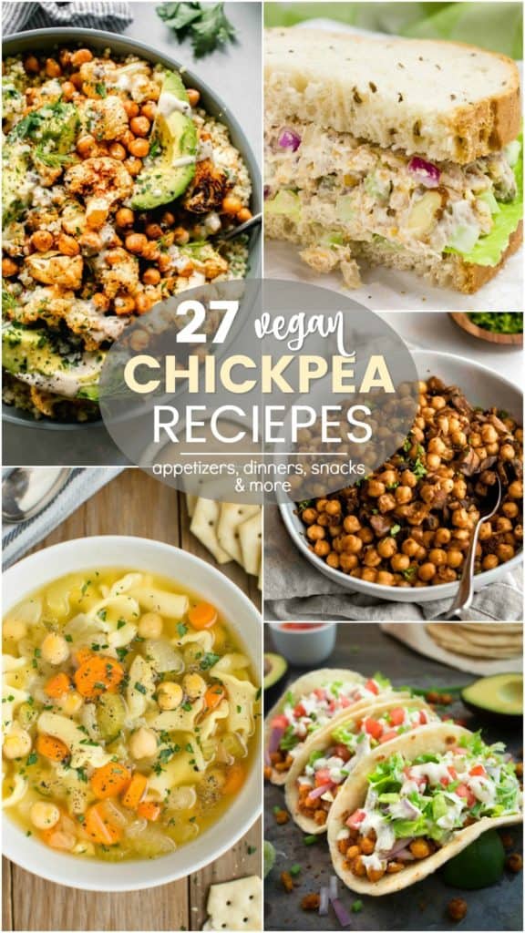 A collage of 5 vegan recipes using canned chickpeas.