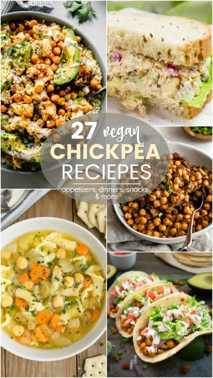 A collage of 5 vegan recipes using canned chickpeas.