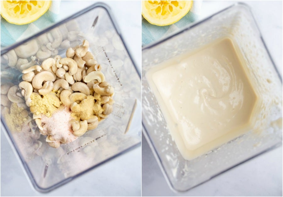 cashew dressing before and after blending.