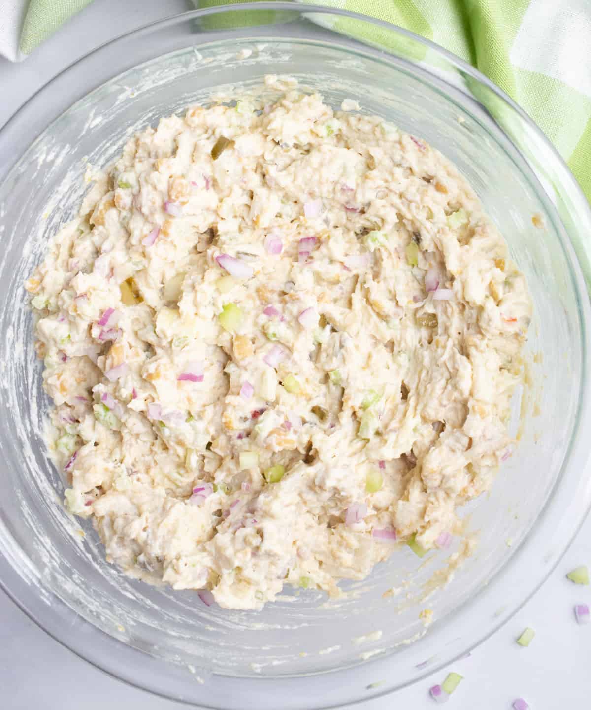 A bowl of vegan tuna salad after mixing.