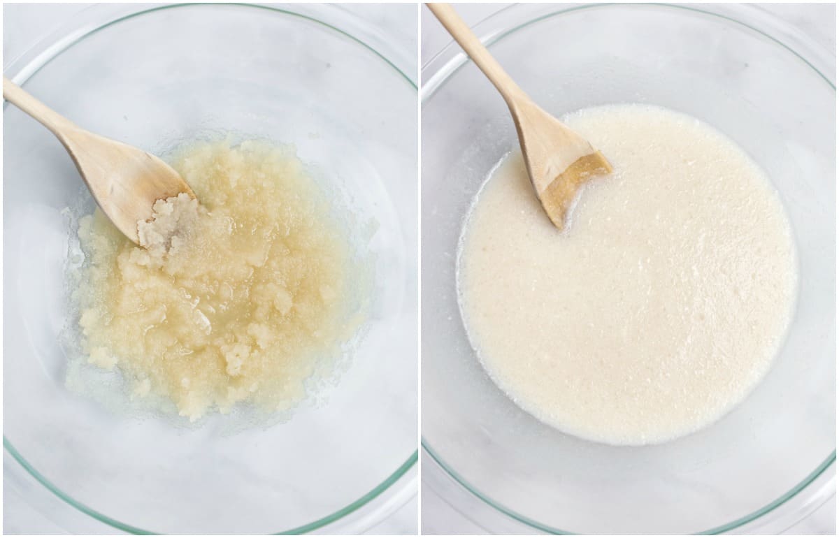 Collage of sugar and oil mixed and almond milk added in.