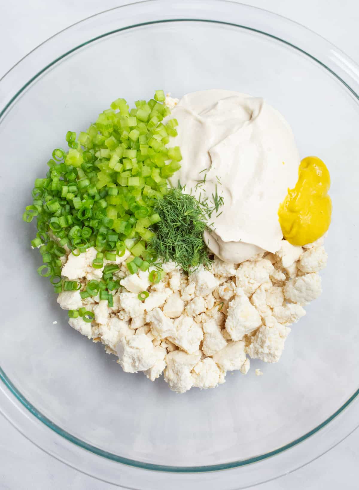Vegan egg salad ingredients before mixing.