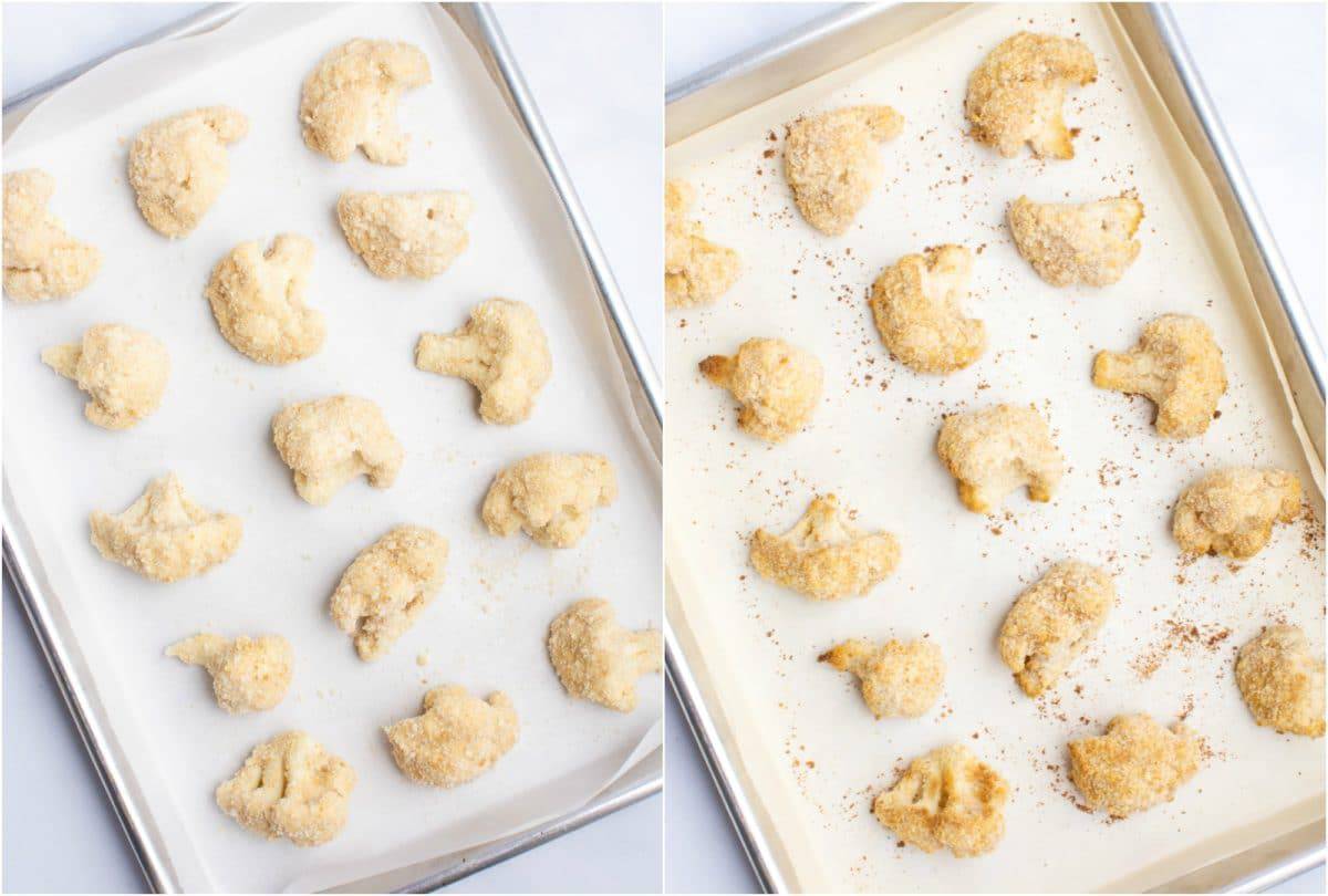 A pan of breaded cauliflower before and after baking.