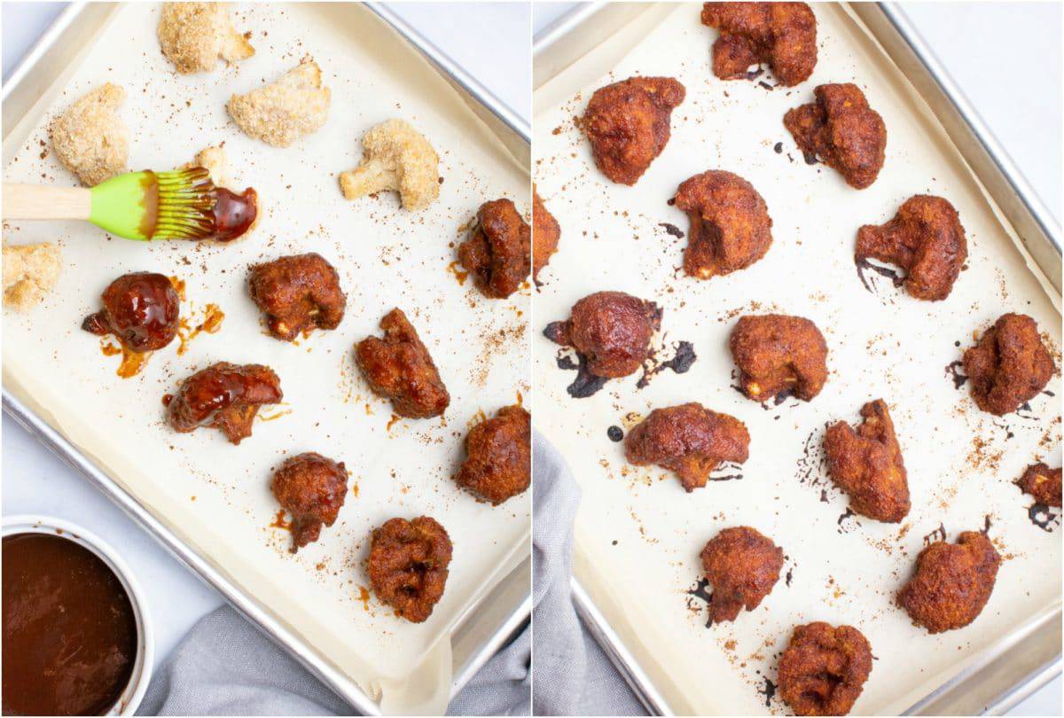 A pan of breaded cauliflower wings being brushed with BBQ sauce and another pan after they're baked.