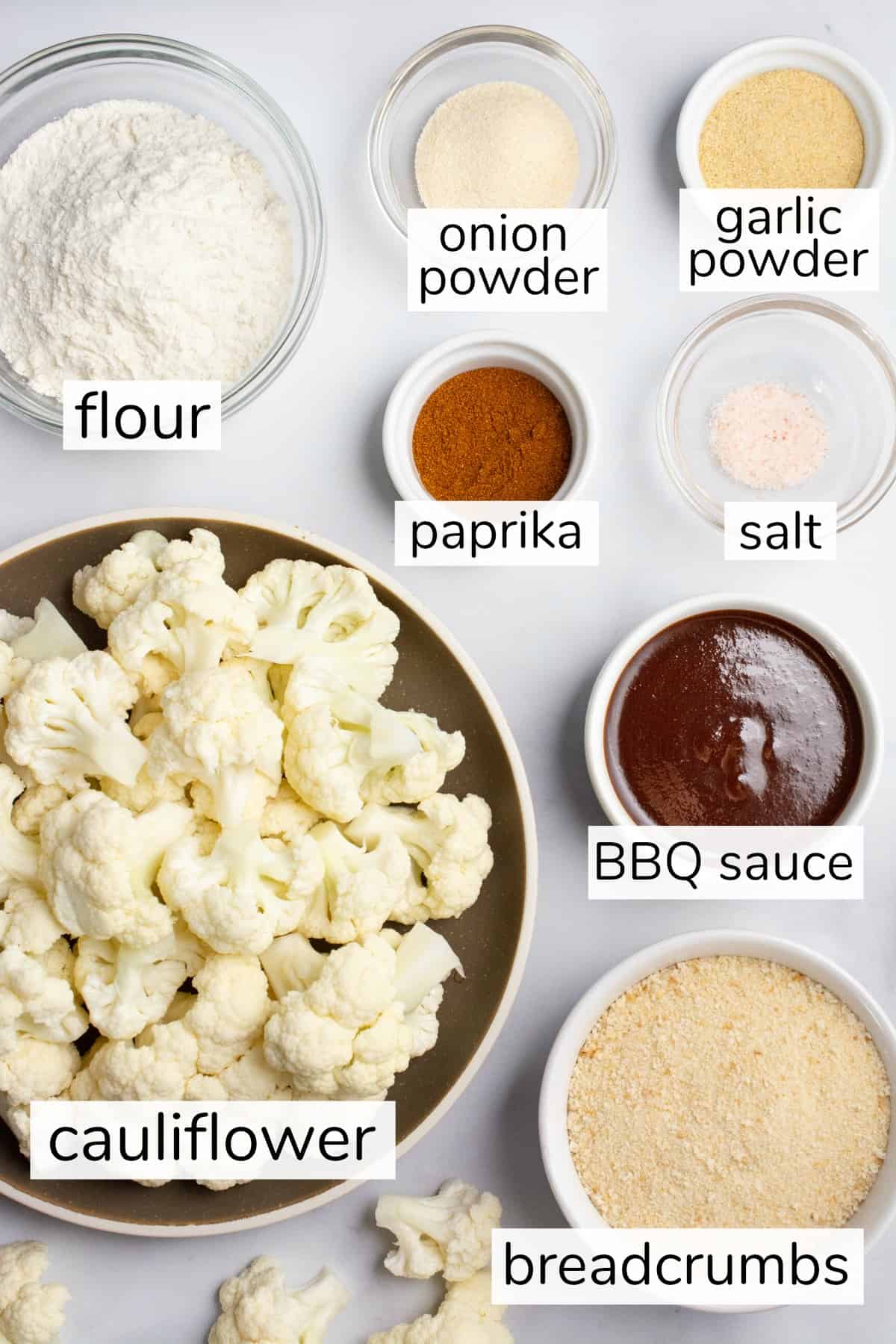 Labeled ingredients for BBQ cauliflower wings.