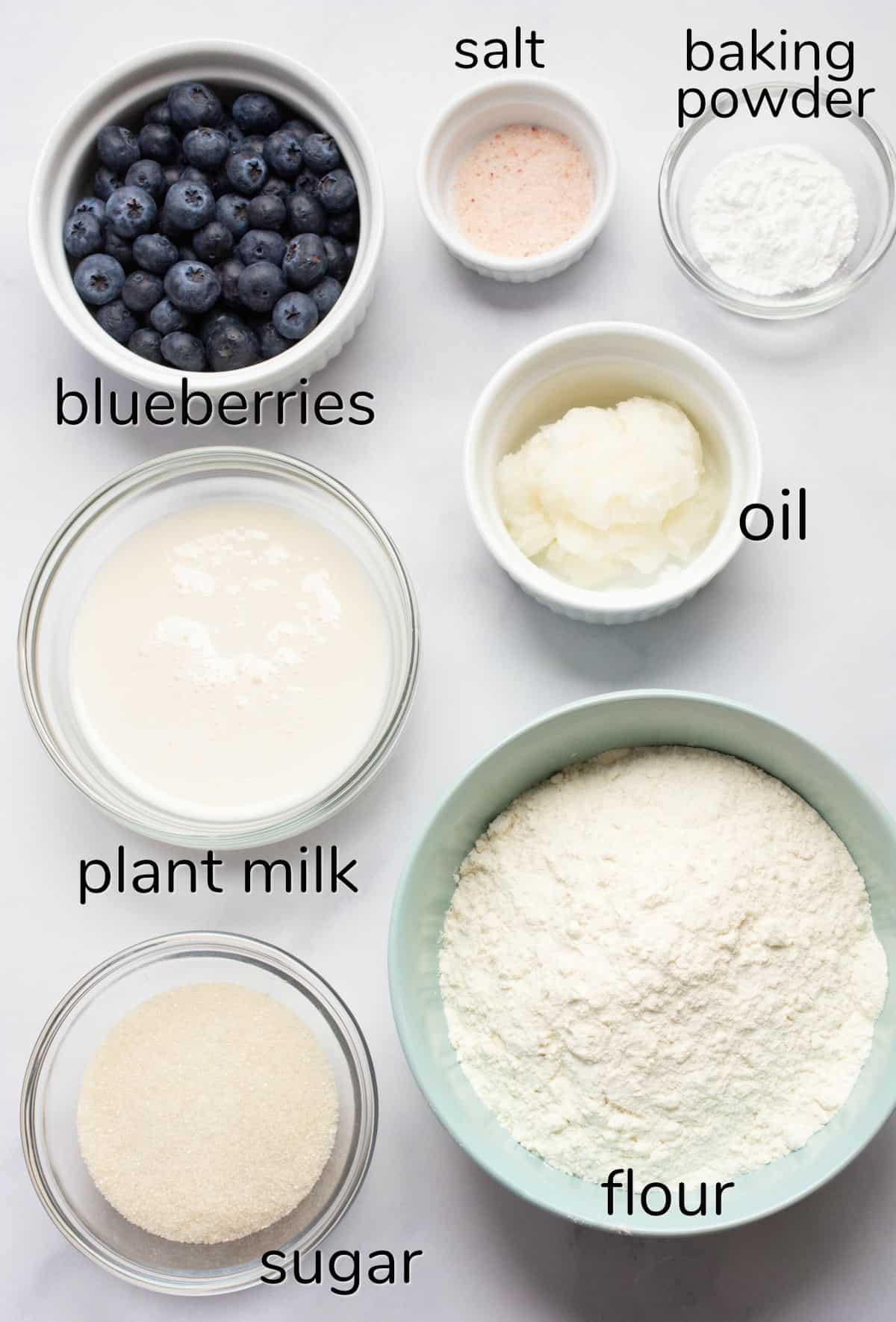 Labeled ingredients to make vegan blueberry scones.