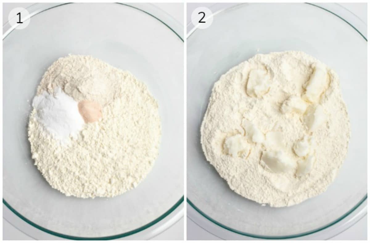 Collage of a bowl of dry ingredients and a bowl of flour with dollops of oil.