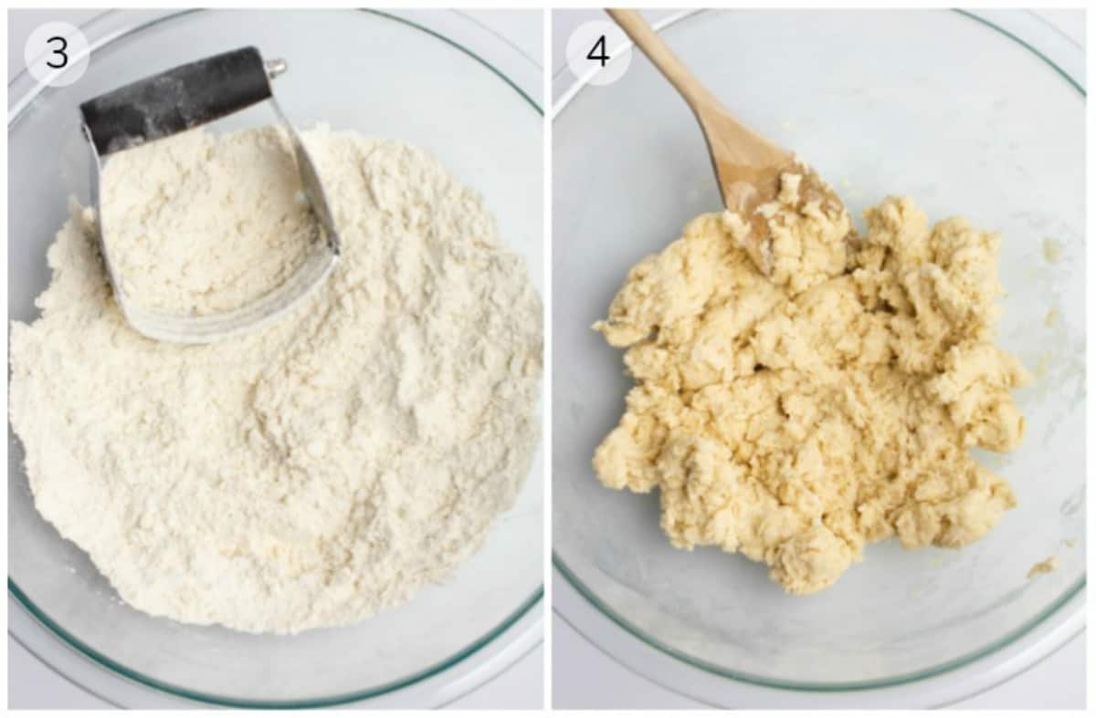 Collage of flour and a pastry cutter in a bowl and a bowl of mixed dough.