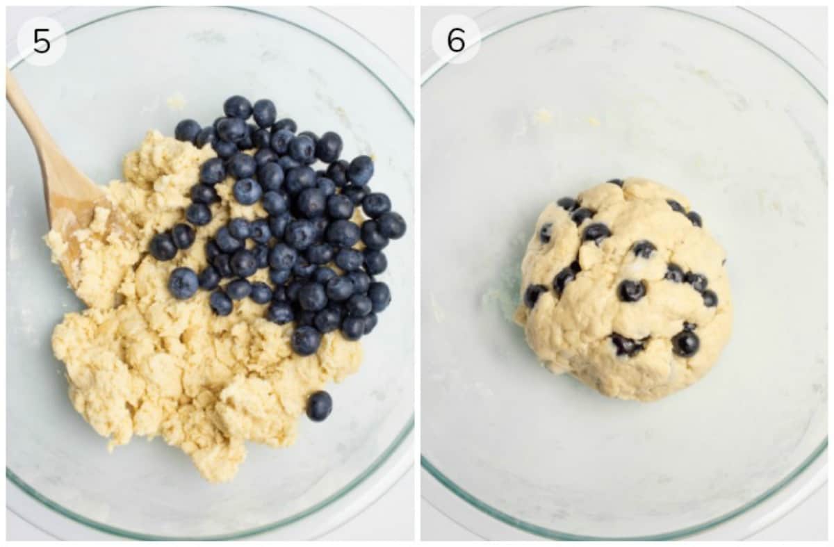 Two images, a bowl with dough and blueberries, and the blueberries mixed in.