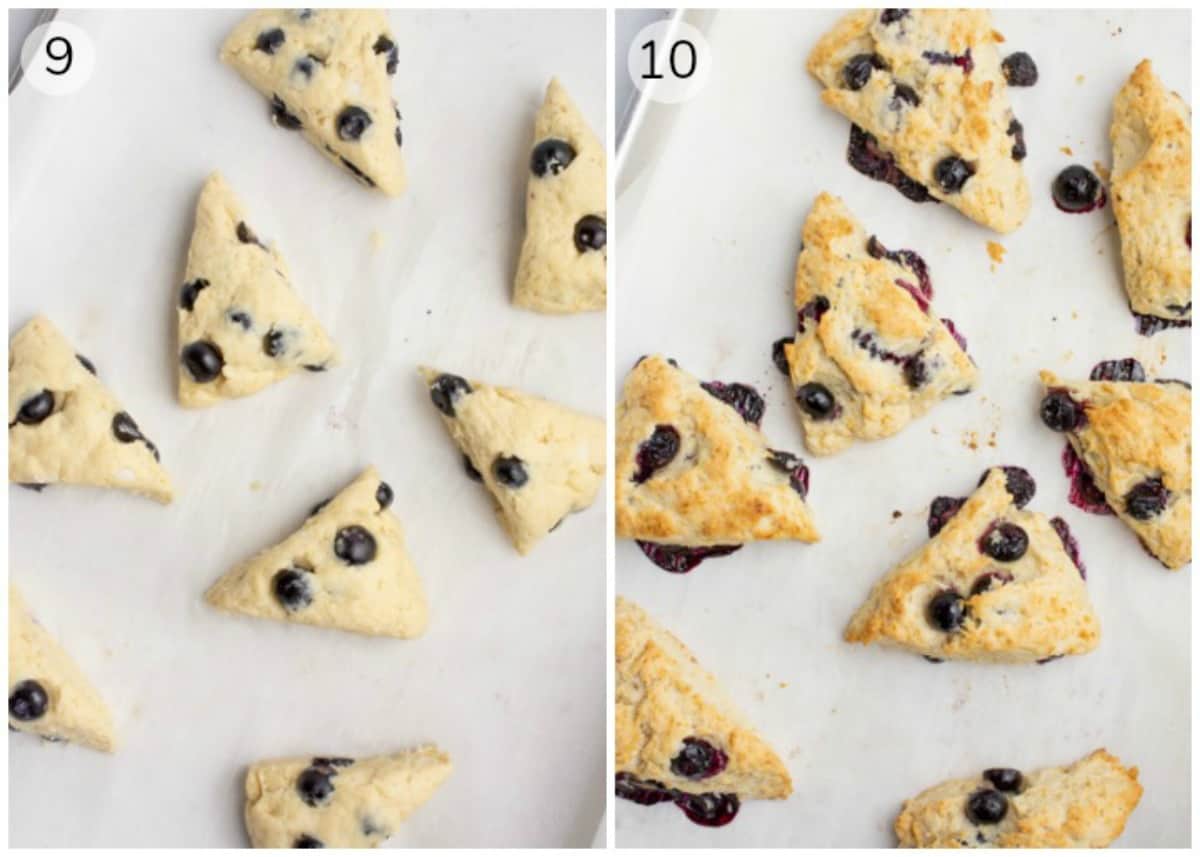 Collage of blueberry scones on a baking sheet before and after baking