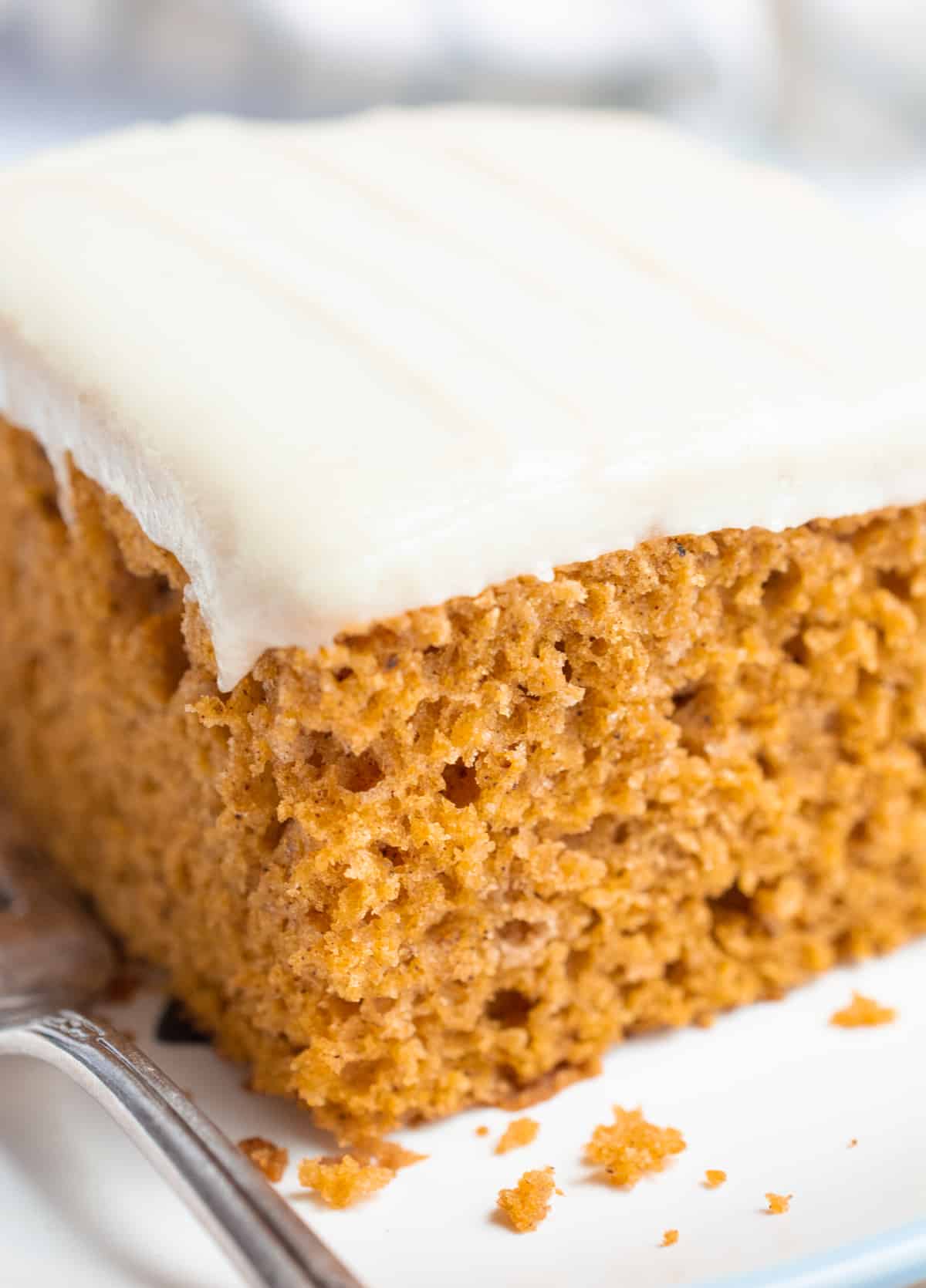 Close up of a slice of pumpkin cake with frosting.