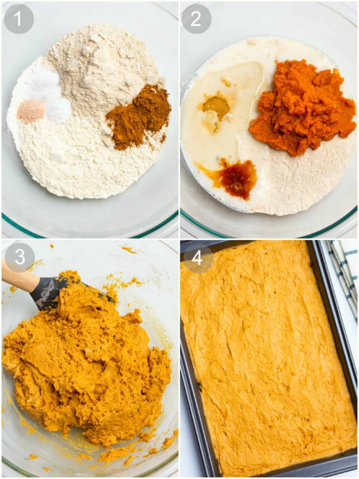 Process steps for making pumpkin cake batter. 
