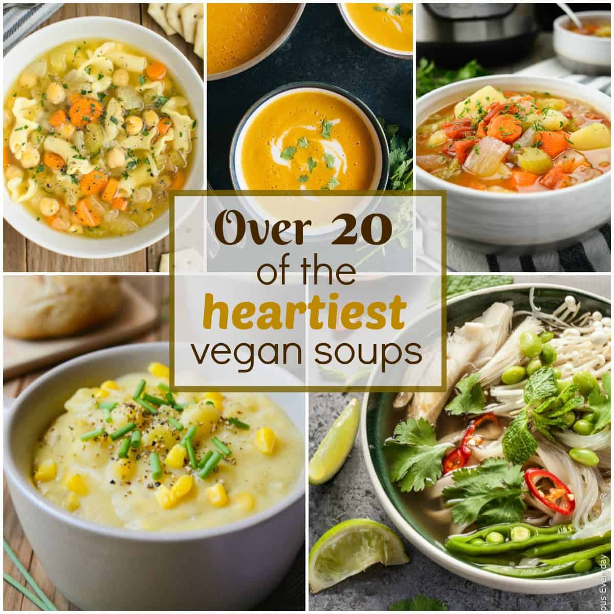 Collage of hearty vegan soups.