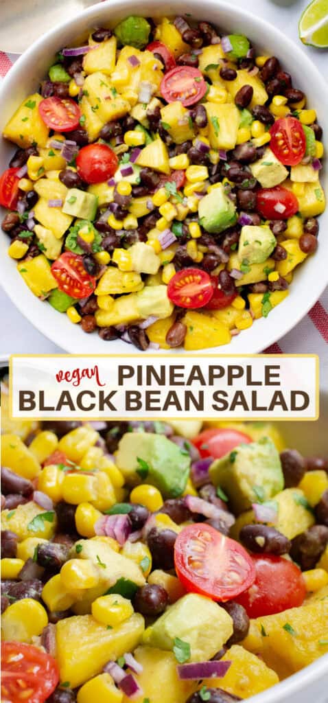 Pineapple salad in a white bowl with pineapple chunks, black beans, halved grape tomatoes, diced avocado, red onion, and corn.