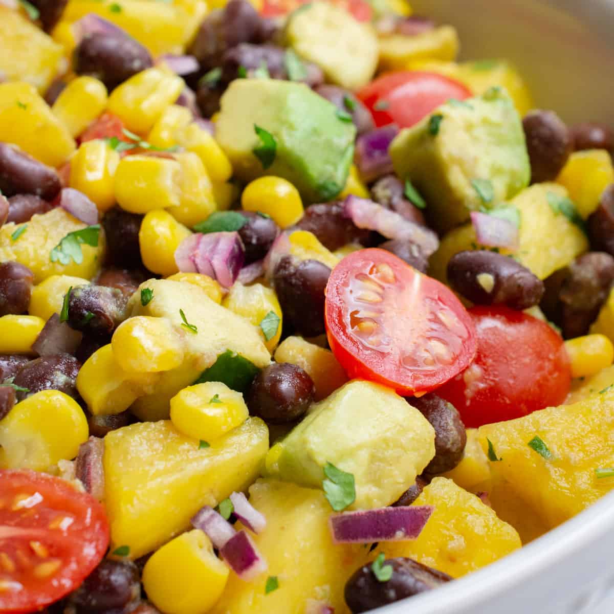 A bowl of fruit salad consisting of grape tomatoes, pineapple, avocado, red onion, corn, black beans, and cilantro.