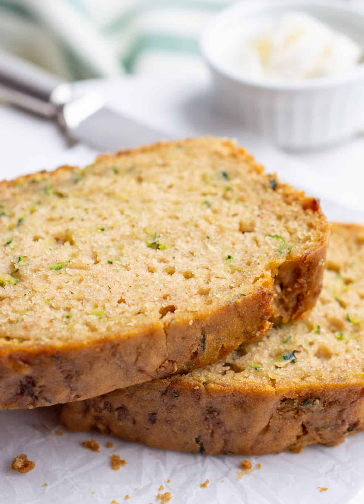 Two slices of vegan zucchini bread.