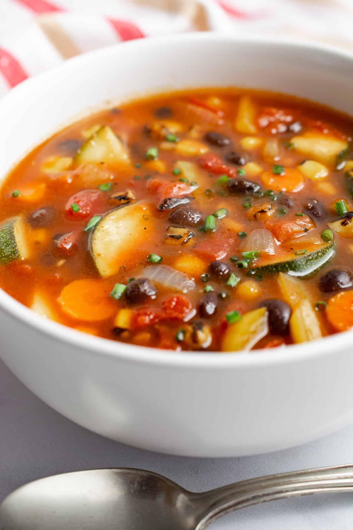 A bowl of instant pot vegetable soup topped with green onions.