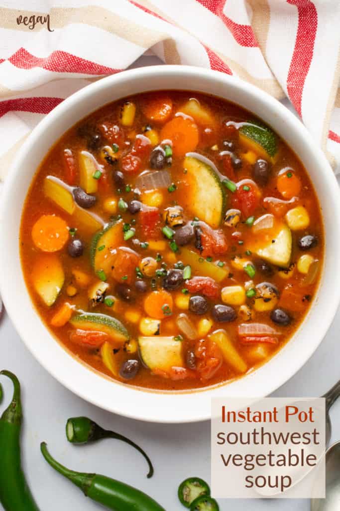 Southwest vegetable soup in a white bowl.